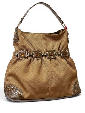 Kathy Van Zeeland Bronze Metallic Hobo Shoulder Bag Rhinestone Croc Trim EUC